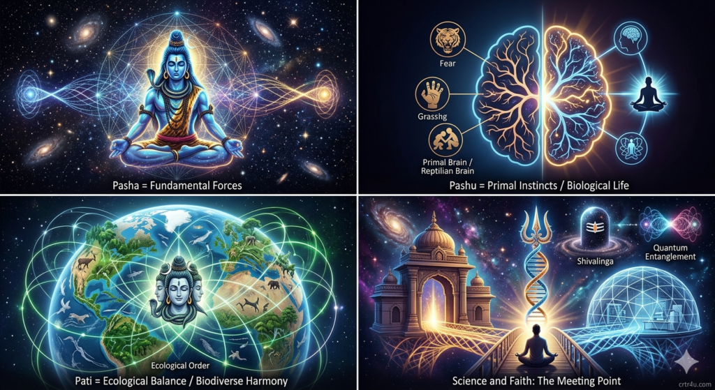 A conceptual visualization of Lord Pashupatinath connecting String Theory, Five Elements, and the evolution of human consciousness.