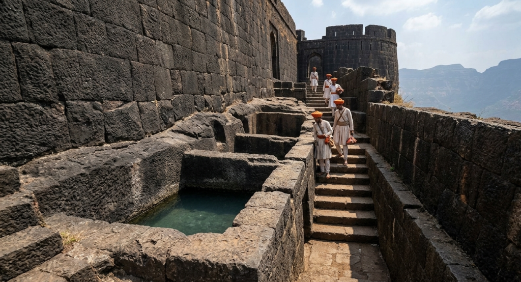Close-up of rock-cut water cisterns and a granary pit on Rajgad Fort, demonstrating 17th-century gravity-fed water management and persistent food storage.