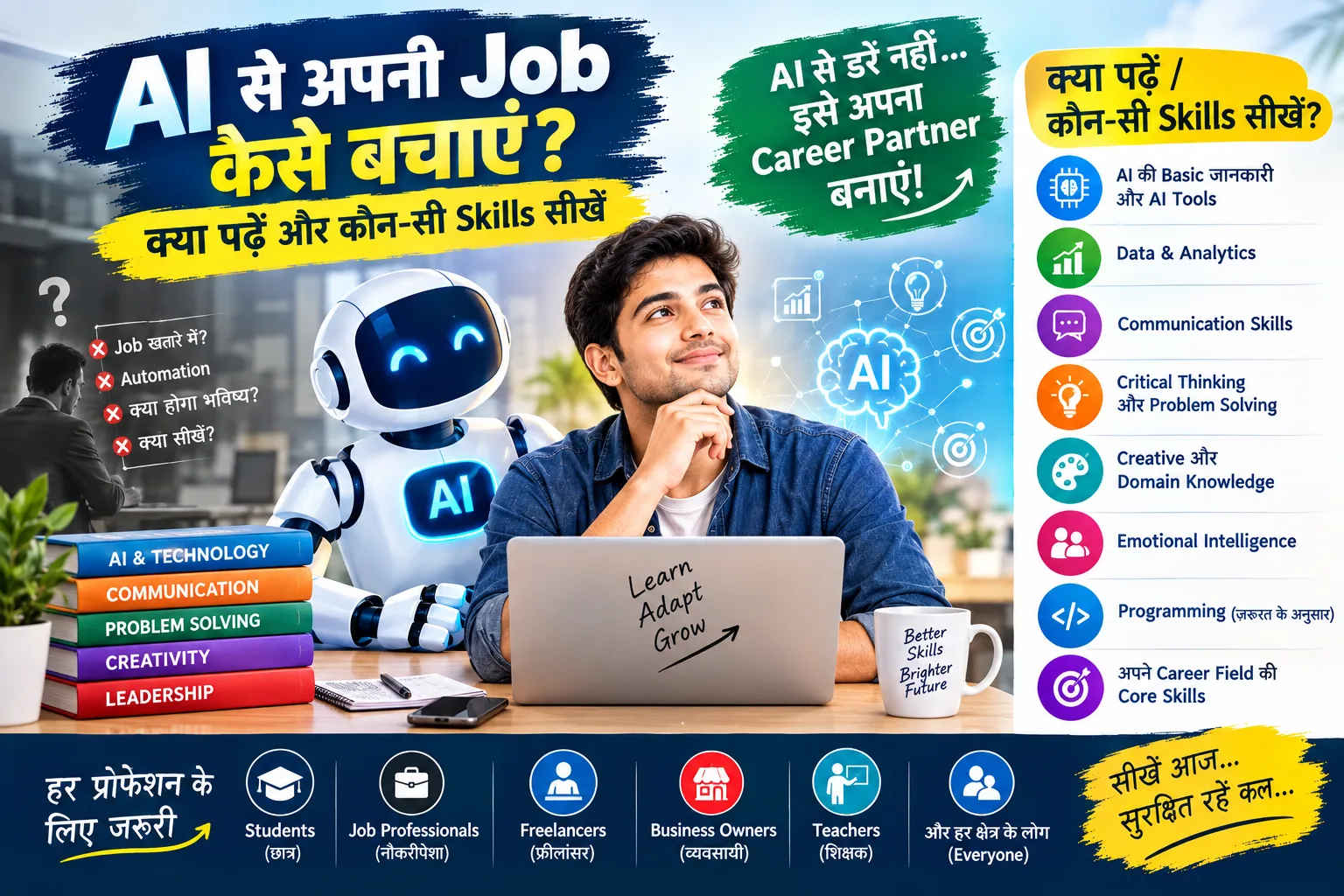 AI से Job बचाने के लिए जरूरी Skills सीखता हुआ Professional