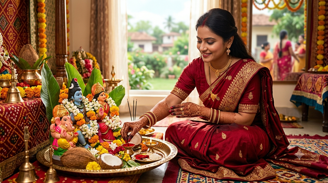An Indian woman in traditional red saree performing Hartalika Teej 2026 puja for Lord Shiva, Goddess Parvati, and Lord Ganesha