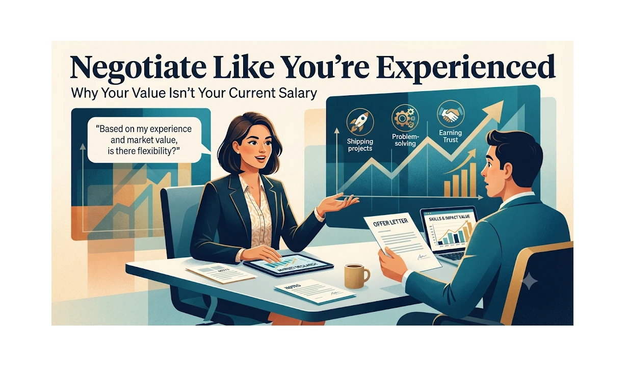 A professional woman calmly negotiating a salary offer across a desk while looking at market value data, representing senior career negotiation.